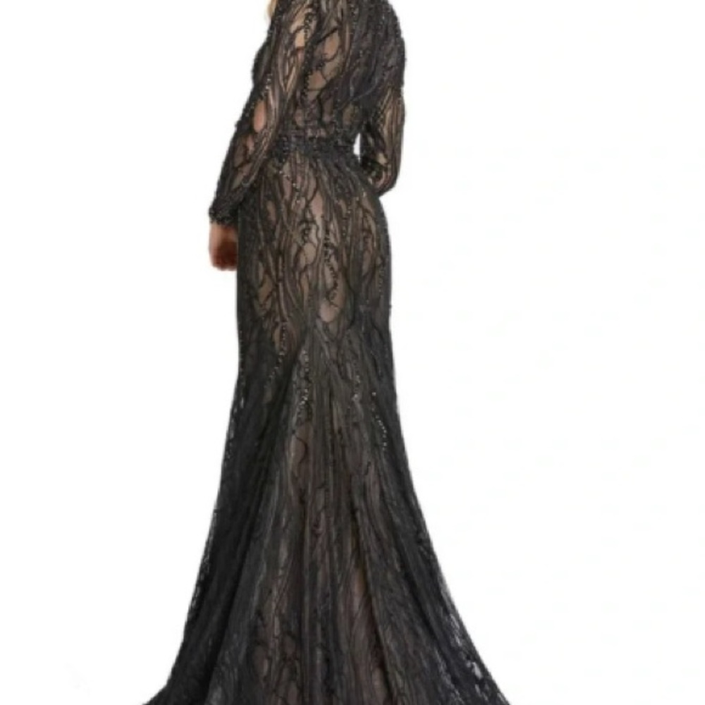 Mac Duggal Beaded Illusion LongSleeves Plunge Neck Gown - Picture 9 of 10
